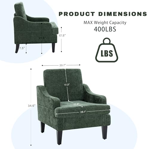 Accent Chair for Living Room,Mid-Century Arm Chair Chenille Fabric Living Room Chairs,Upholstered Reading Chair for Bedroom,Single Sofa Chair with Wood Legs for Apartment (Green) - color: Green