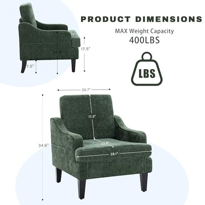 Accent Chair for Living Room,Mid-Century Arm Chair Chenille Fabric Living Room Chairs,Upholstered Reading Chair for Bedroom,Single Sofa Chair with Wood Legs for Apartment (Green) - color: Green