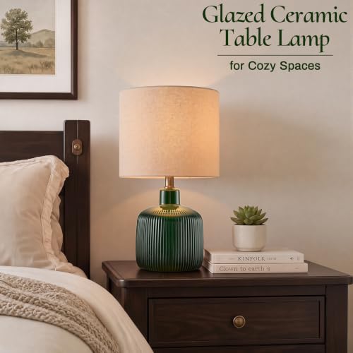 Glazed Ceramic Table Lamp, 17.5" Rustic Farmhouse Bedside Lamp with Beige Linen Shade, Warm Ambient Nightstand Lighting for Bedroom or Living Room, Dark Green Glossy