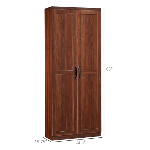 HOMCOM 63" 2-Door Kitchen Pantry 5-Tier Brown | Freestanding Storage Cabinet, Shelving, 2 Adjustable Shelves, for Dining Room - color: Brown