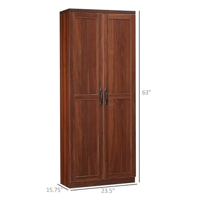HOMCOM 63" 2-Door Kitchen Pantry 5-Tier Brown | Freestanding Storage Cabinet, Shelving, 2 Adjustable Shelves, for Dining Room - color: Brown