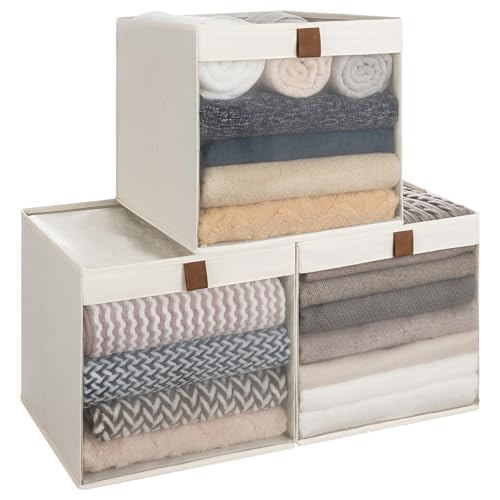 StorageWorks 13x13 Storage Cubes, Closet Storage Bins with Clear Window, Large Fabric Organizer for Clothes, Collapsible Storage Baskets with PU Handles, Beige, 3-Pack - color: Beige, size: 13"L x 13"W x 13"H