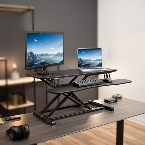 VIVO Black 36 inch Standing Desk Converter, DESK-V036KB | Height Adjustable, Stand Up Desk Riser, Wide Keyboard Tray, Dual Monitor and Laptop Workstation, K Series - color: Black, size: 36"