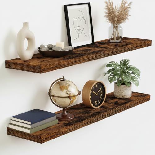 Vivelove Floating Shelves 9 inch Deep 36”Long Set of 2, Rustic Brown | Easy Install With Hardware, 1.5" Thick, Invisible Brackets, Wall Mounted, No Sagging, For Any Room - color: Rustic Brown, size: 36”wx9.3”dx1.5”h