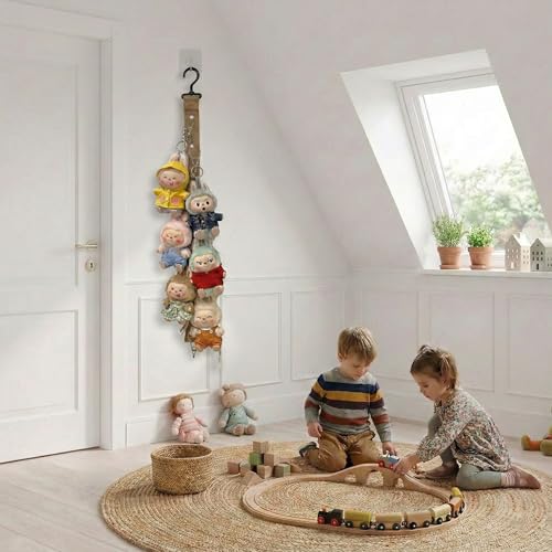 Plush Doll Hanging Storage Rope Display Rack with 8 Clips – Wall Hanging Organizer for Keychain Plushies, Mini Toys– Holds up to 3kg (Brown) - color: Brown