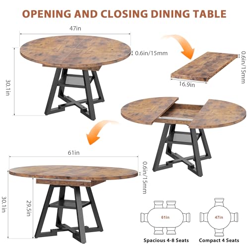 Extendable Dining Table for 4-8, Round Extendable Dining Room Table with Removable Leaf & Storage Shelf, Expandable Oval Kitchen Table with Pedestal Base, Modern Industrial Space Saving (Vintage) - color: Vintage