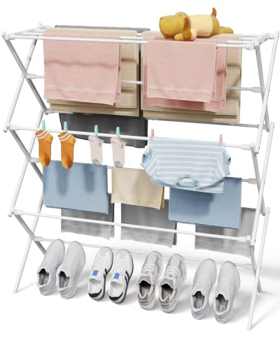 Sakugi Foldable 3-Tier Clothes Drying Rack 42.1" H with Non-Slip Feet | Indoor & Outdoor Use, Space Saving, Metal Frame, 14.6" D x 39.4" W, White - color: White, size: 3 Tier Large