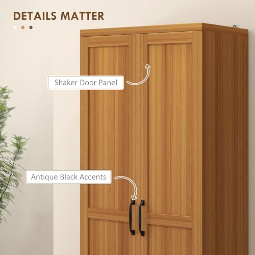 HOMCOM 63" 2-Door Kitchen Pantry 5-Tier Teak Wood Grain | Freestanding Storage Cabinet, Shelving, 2 Adjustable Shelves, for Dining Room - color: Teak Wood Grain