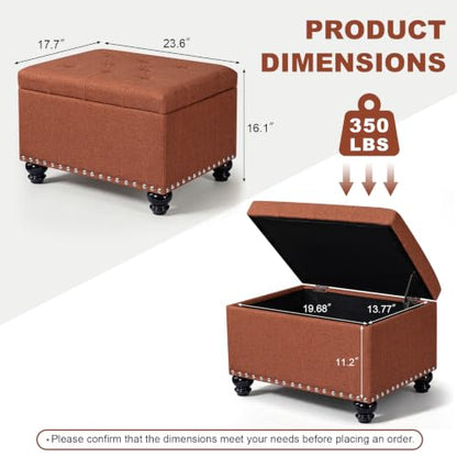 Ottoman with Storage, Fabric Ottoman Foot Rest 24" Rectangle Tufted Foot Stools Ottomans with Hinged Lid Upholstered Button Ottomans for Bedroom Living Room Entryway, Rust - color: Rust
