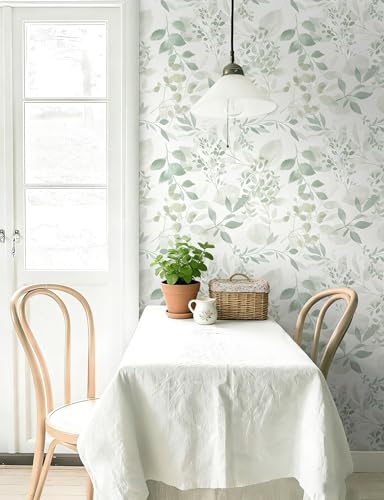 Safiyya Light Green Leaf Wallpaper Peel and Stick Wall Paper Modern Boho Contact Paper 78.7" x 17.3" Self Adhesive Removable Wallpaper for Bedroom Bathroom Vinyl Rolls - color: Green and White, size: 17.3" x 78.7"