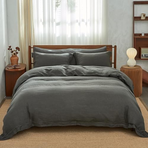 Simple&Opulence 100% Washed Linen Duvet Cover Set with Embroidered,3 Pieces Soft Farmhouse Comforter Set with Button Closure,1 Duvet Cover and 2 Pillowshams(Full,Dark Grey) - color: Embroidery Dark Grey, size: Full