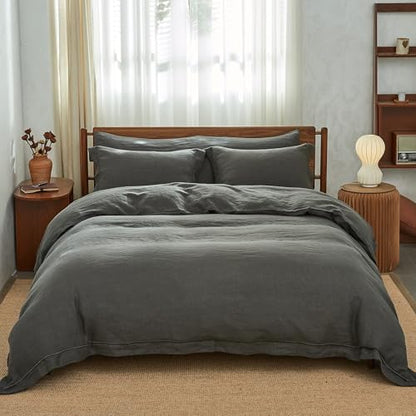 Simple&Opulence 100% Washed Linen Duvet Cover Set with Embroidered,3 Pieces Soft Farmhouse Comforter Set with Button Closure,1 Duvet Cover and 2 Pillowshams(Full,Dark Grey) - color: Embroidery Dark Grey, size: Full