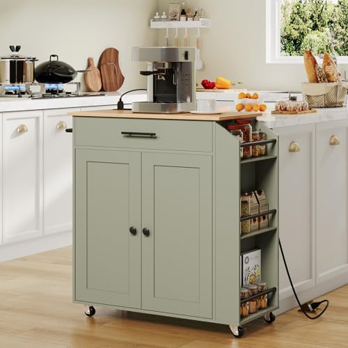 HOOBRO Kitchen Island with Power Outlet, Storage Island with Spice Rack and Drawer, Rolling Kitchen Cart on Wheels, for Home, Dining Room, Natural and Green JN82UZD01G1 - color: Natural + Green
