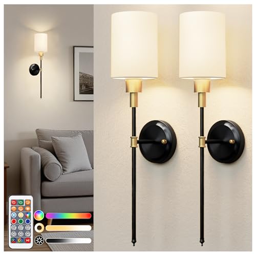 Battery Operated Wall Sconce: Set of 2 Wireless Wall Lights with 12000mAh | 15 Color Rechargeable Wall Sconces, Not Harwired Sconce Wall Decor Set of 2 for Bedroom, Living Room, Gold and Black 24.3in - color: Gold and Black