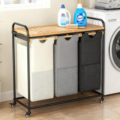 BambooHomie Laundry Hampers 3 Section, Laundry Sorter with Removable Shelf and Pull-Out Bags, Rolling Cart Clothes Hampers Basket with Wheels for Laundry Room Bathroom, 3 x 45 L (Black Beige Gray)