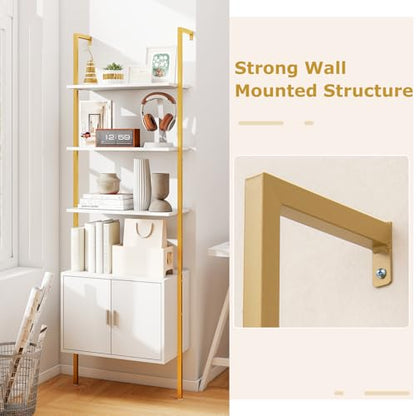 Giantex 5-Tier Wall-Mounted Ladder Shelf, 72.5" Tall Bookshelf w/ 2-Door Cabinet, Modern Style Kitchen Open Shelving Organizer, Heavy-Duty Metal Frame Display Rack for Living Room,White & Gold - color: White & Gold
