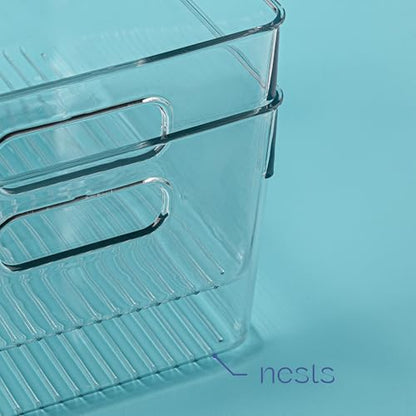 Plastic Food Storage 4 Pack Clear Container Bin with Handles for Organizing Kitchen, Pantry, Refrigerator, Freezer, Pantry, Cabinet, Closet, Bathroom. 10”x7.5”x5.3” - size: 10x7.5x5.3