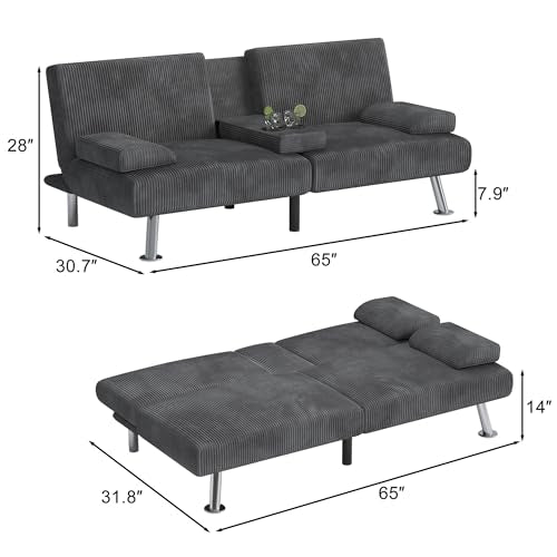 Shahoo Convertible Folding Futon Sofa Bed, Upholstered Sleeper Loveseat | Linen futon equipped with removable armrests, metal legs & 2 cup holders for living room (Grey) - color: Grey, style: Corduroy