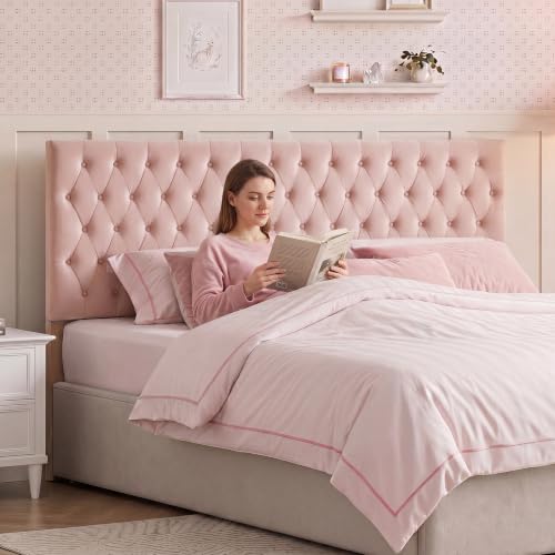 Upholstered Queen Headboard Only, Premium Velvet Button Tufted Headboards, Adjustable Solid Wood Head Board, Padded Headboard with Solid Wood Legs in Bedroom (Pink) - color: Pink, size: High Queen