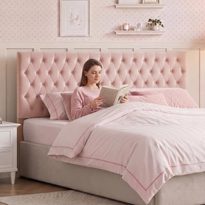 Upholstered Queen Headboard Only, Premium Velvet Button Tufted Headboards, Adjustable Solid Wood Head Board, Padded Headboard with Solid Wood Legs in Bedroom (Pink) - color: Pink, size: High Queen