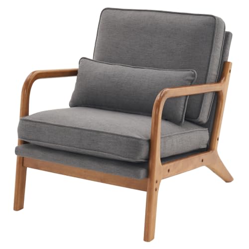 Karl home Mid-Century Modern Accent Reading Chair, Grey | Linen Upholstered, Solid Wood Frame, Soft Cushion, Lumbar Pillow, Lounge Armchair for Living Room, Bedroom, Balcony, Study - color: Linen Gray