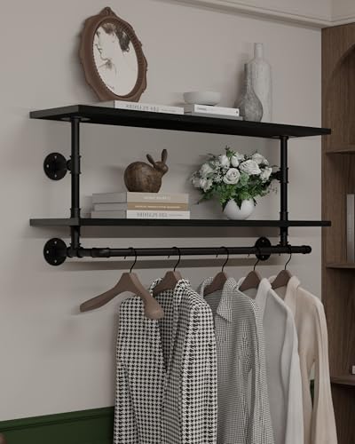Black Clothes Rack 42in, 2-Tier Wall Mounted Garment Rack with Real Wood Shelf, Heavy Duty Hanging Clothes Rack, Multi-Purpose Hanging Rod, Space-Saving Closet Storage - color: Black, size: 2T42IN