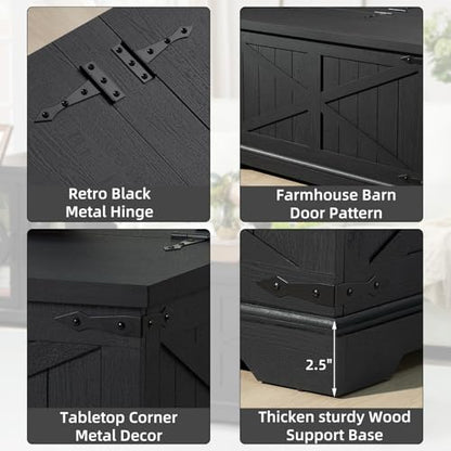 Joaxswe Farmhouse Coffee Table with Large Hidden Storage Compartment, Rustic Black Square Center Table, Wood Low Farm House Modern Living Room Tables with Hinged Lift Top & Wooden Arc Base - color: Black, style: With Base