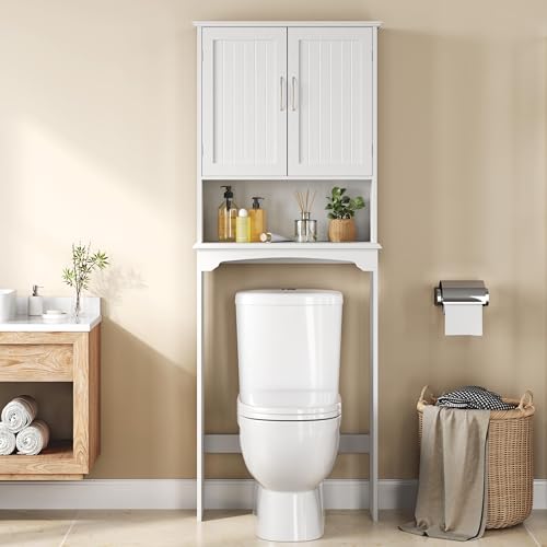 Yaheetech Over the Toilet Storage Cabinet, Bathroom Organizer, White | Adjustable Shelf Frees Up Floor Space, Open Compartment, 2 Beadboard Doors, Holds Towels, Anti-Tip Kit Included - color: White
