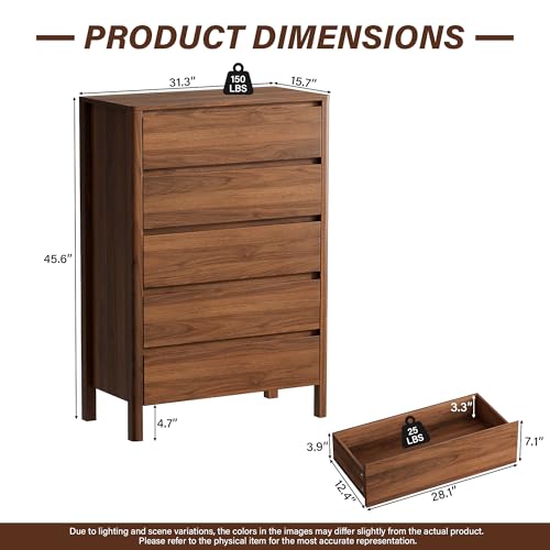 Walnut Dresser for Bedroom, 5 Drawer Dresser with Wood Legs, Tall Wood Dresser, Mid Century Modern Chest of Drawers, Large Storage Bedroom Furniture, Walnut - size: 15.7"D x 31.3"W x 45.6"H (5 Drawers)