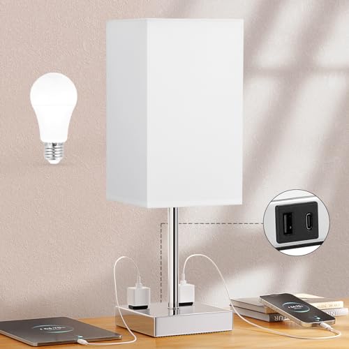 17.4" White Touch Table Lamp for Bedroom - Dimmable, USB C+A, 2 AC Outlets | 3-Way Dimming, 3000K Bulb Included, Square White Lampshade and Silver Base, Desk Lamp for Nightstand, Living Room, Dorm - color: White & Silver, size: 17.4in