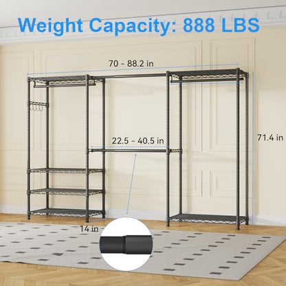 E1 Heavy Duty Closet Garment Rack, Easy to Assemble Wardrobe, Black | 6 Tiers Adjustable Metal Freestanding Expandable Clothing Storage with 4 Hanger Rods - color: Black