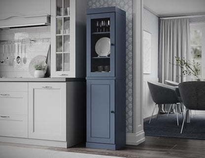 Solid Wood Kitchen Pantry - Narrow Storage Cabinet - 16.5" Wide x 71.5" Tall - 1 Raised Panel & 1 Glass Door, Antique Blue, Adjustable Shelves, 100% Eco-Friendly Wood, Modular Cabinets - color: Antique Blue, style: Clear Glass Top Door / Raised Panel Bott