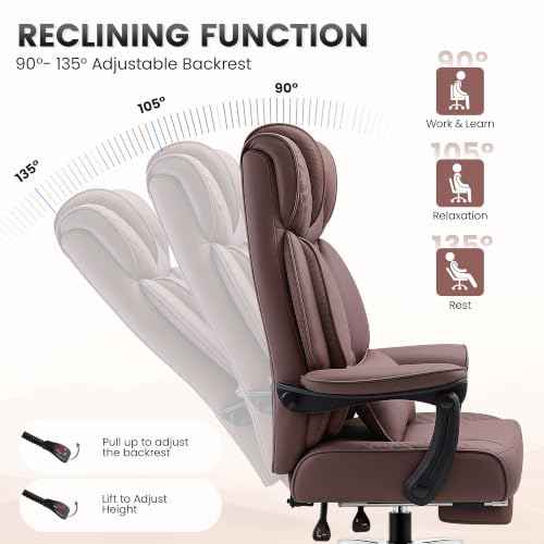 BestGlory Office Desk Chair, Big and Tall Leather Gaming Chair with Footrest, Ergonomic Comfy Executive High-Back Reclining Computer Chairs, Wide Swivel Rolling Wheels and Padded Lumbar Support,Coffee - color: Coffee, style: Freely Reclining