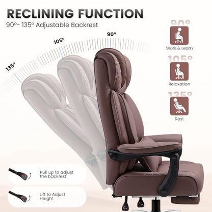 BestGlory Office Desk Chair, Big and Tall Leather Gaming Chair with Footrest, Ergonomic Comfy Executive High-Back Reclining Computer Chairs, Wide Swivel Rolling Wheels and Padded Lumbar Support,Coffee - color: Coffee, style: Freely Reclining