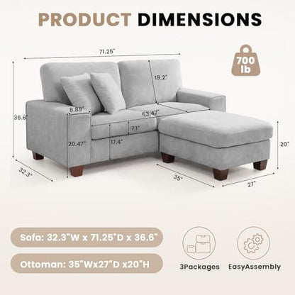 DOPEDIO 71.25" L-Shaped Sectional Sofa with Storage Ottoman, Light Gray | L-shaped sectional sofa with storage ottoman, chenille fabric, washable covers, pocket spring cushions, easy assembly - size: 71.25 inch-L, style: Light Grey Chenille