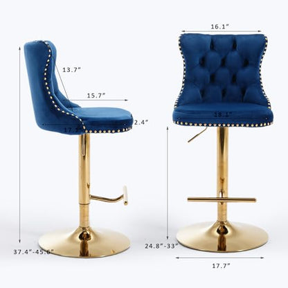 Velvet Bar Stool Set of 2, Adjustable Swivel Bar Stools with Gold Plated Metal Leg, Button Tufted, Footrest, Chrome Nailhead, Counter Height Chair for Kitchen, Bar, Dining Room (Blue) - color: Blue-gold Leg, size: Set of 2