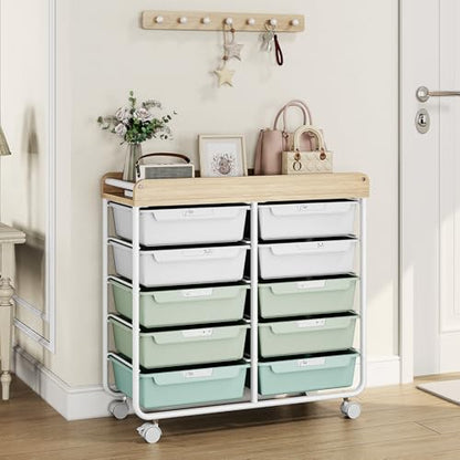 10 Drawer Rolling Storage Cart with Wood Top for Classroom Crafts Green | Easy Setup, Large Capacity, Sturdy Build, Lockable Mobility, For office, classroom and home supplies - color: Green
