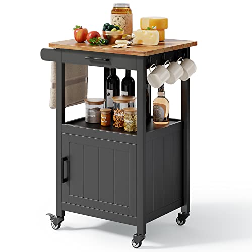 Qsun Microwave Cart, Microwave Stand | Kitchen Island on Wheels, Rolling Kitchen Cart with Rubber Wood Countertop, Side Hook, Microwave Cart for Small Space - size: Black