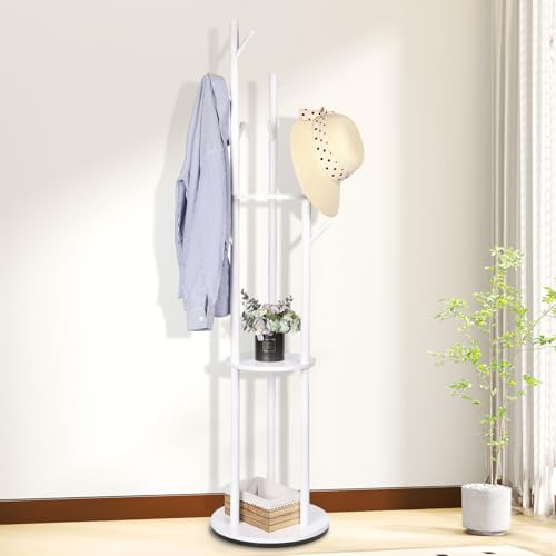 Wood Coat Rack Freestanding Rotary Coat tree with 3 Shelves and 9 Hooks | Heavy Duty Coat Rack Coat Hanger Stand for Entryway, Bedroom, Living Room – Holds Jackets, Coats, Hats, Bags (White) - color: White