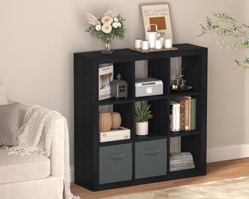Bookshelf with Storage Bins, 9-Cube Storage Organizer Sturdy Wooden Bookcase Open Book Shelf, Multifunctional Cubicle Rack for Storage & Display, Furniture for Living Room Bedroom Office, Black - color: Black, size: 9 cube