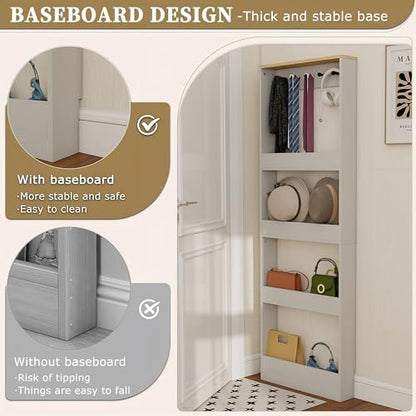 Behind Door Bookshelf Kids,Wooden Slim Tall Bookshelf 4-Tier Narrow Shelf | Space-Saving Book Shelf Organizer for Toys & Story Books Wall Mount Shelves with 5 Hooks Bedroom Living Room Antique White
