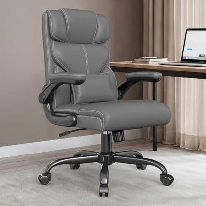Office Chair, Executive Mid-Back Computer Desk Chair with Flip-up Armrests | 300 Lbs Ergonomic Leather Swivel PC Chair with Rock Function for Working Studying (Gray) - color: Grey