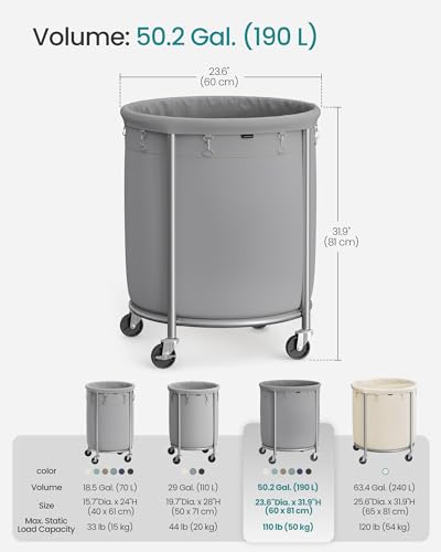 SONGMICS Laundry Basket, Rolling Steel Frame with 2 Locking Wheels, 190 L | Heavy-Duty Laundry Hamper Cart with Removable Bag, Gray and Metallic Silver, URLS001G01 - color: Gray + Metallic Silver, size: 190 L (1-Section)