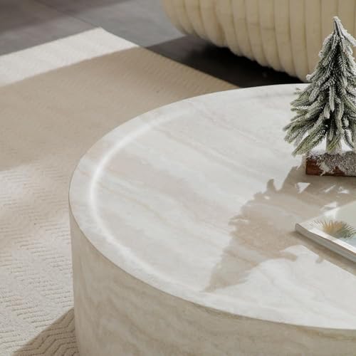 31.49" Round Coffee Table Faux Marble for Living Room, Travertine Stone Pattern Modern Drum Circle Round Center Table for Living Room, Apartment, Office, Fiberglass, No Assembly, Beige - size: 31.49x31.49x12