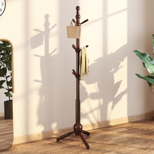 Solid Wood Coat Rack Stand, Vintage Heavy Duty Coat Hanger Stand with 9 Hooks, 3 Adjustable Size Sturdy Coat Tree for Living Room, Entryway, Office, Hallway, Brown - color: Brown