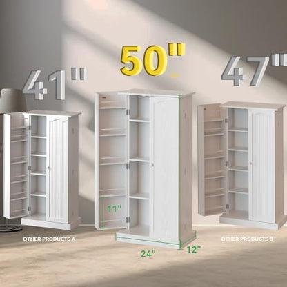 FJTJBSI 50" LED Kitchen Pantry Cabinet White Storage Cabinet Food Pantry with Doors and Adjustable Shelves Freestanding Buffet Cupboards Sideboard for Kitchen Living Room and Dinning Room