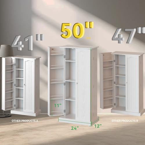 FJTJBSI 50" LED Kitchen Pantry Cabinet White Storage Cabinet Food Pantry with Doors and Adjustable Shelves Freestanding Buffet Cupboards Sideboard for Kitchen Living Room and Dinning Room