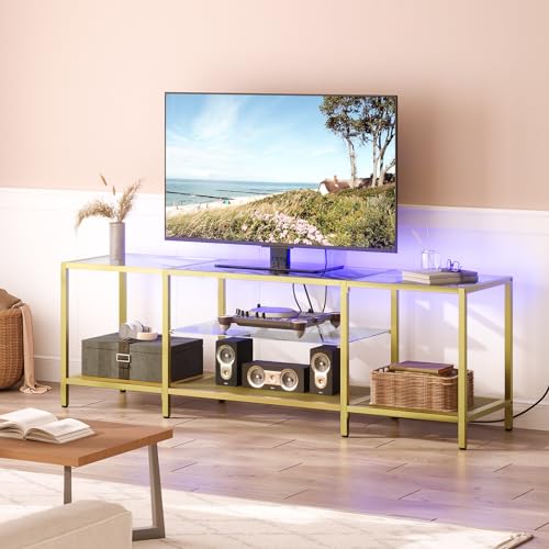 HOOBRO TV Stand with LED Lights and Power Outlets for TVs up to 75", Modern 63 Inch Tempered Glass TV Console Table with Open Shelves, Media Entertainment Center for Living Room, Gold GD165UDS01 - size: 63 Inch