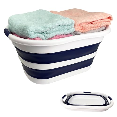 SAMMART 40L (10.5 gallon) Collapsible Plastic Laundry Hamper - Foldable Pop Up Storage Container/Organizer - Portable Washing Tub - Space Saving Basket (1, White/Starry Blue) - color: White/Starry Blue