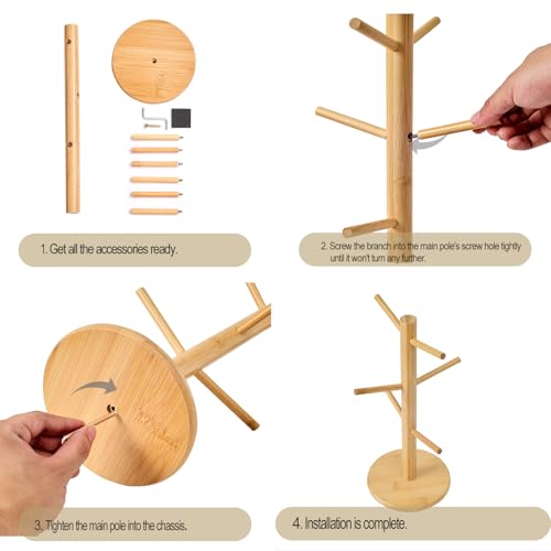 Bamboo Mug Tree for Counter, 6 Hooks Detachable Coffee Mug Holder, Decorative Mug Racks for Coffee Bar Organizer